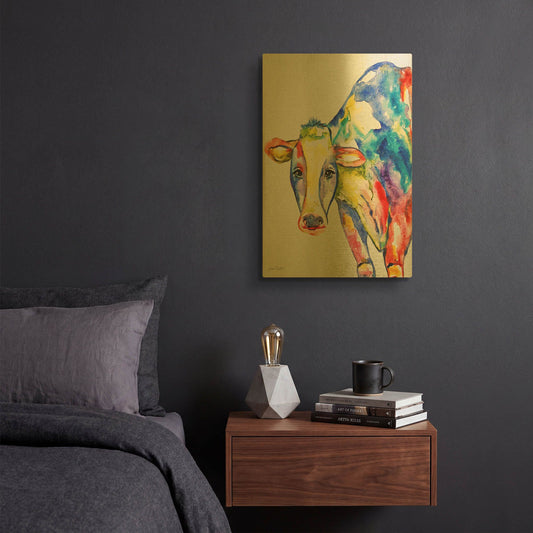 'Colorful Cow' By Jean Plout Gold Metal Wall Art