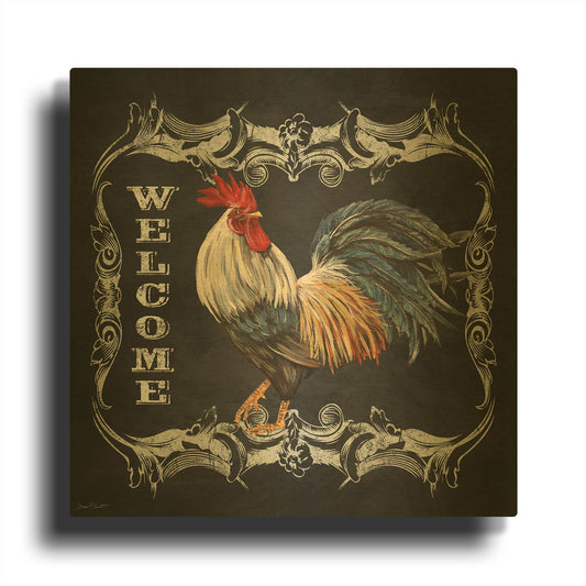'Welcome Rooster III' By Jean Plout Gold Metal Wall Art