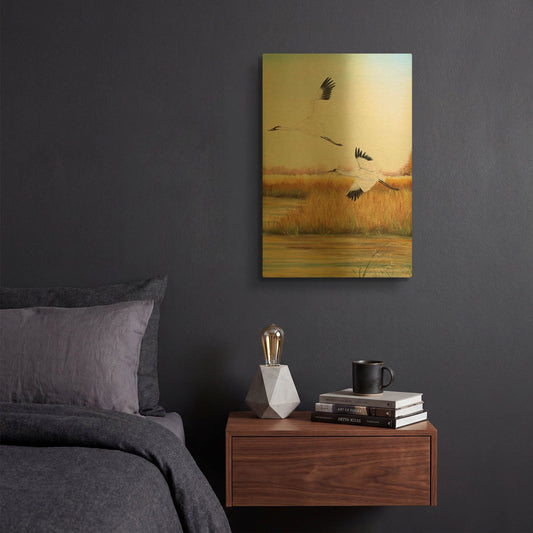'Whooping Cranes 1' By Jean Plout Gold Metal Wall Art