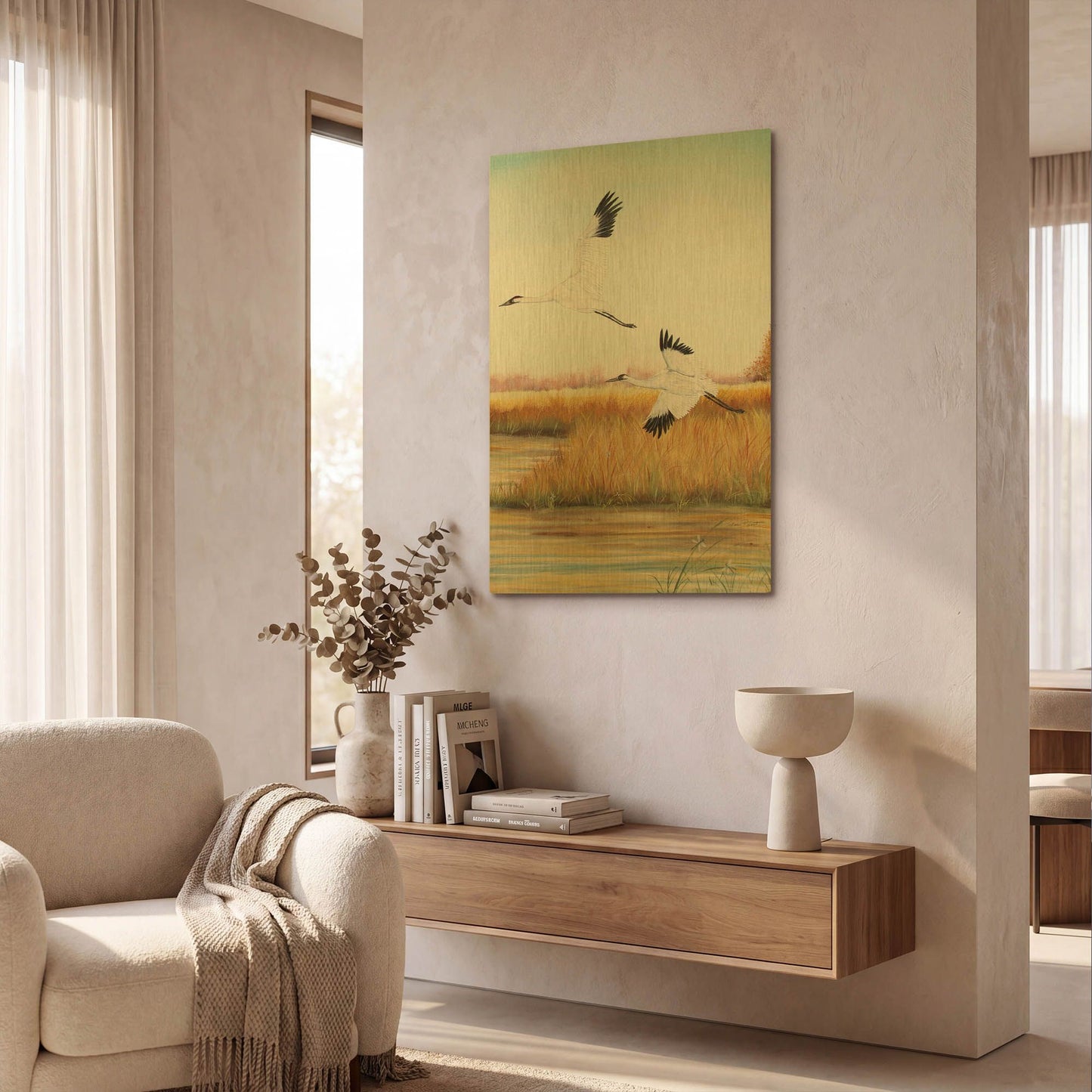 'Whooping Cranes 1' By Jean Plout Gold Metal Wall Art