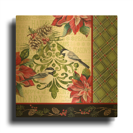 'Chickadee Holiday 5' By Jean Plout Gold Metal Wall Art