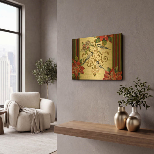 'Chickadee Holiday 1' By Jean Plout Gold Metal Wall Art