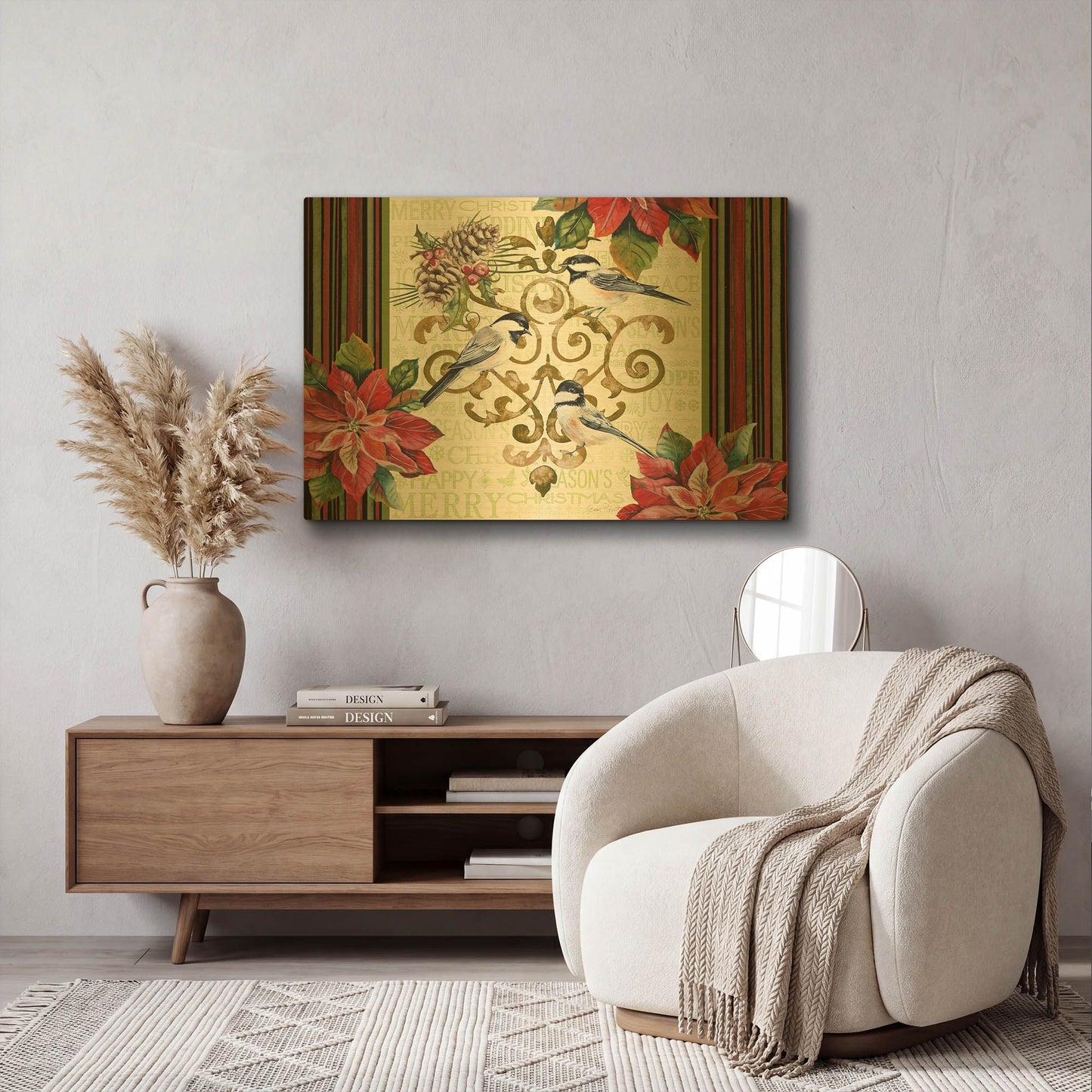 'Chickadee Holiday 1' By Jean Plout Gold Metal Wall Art