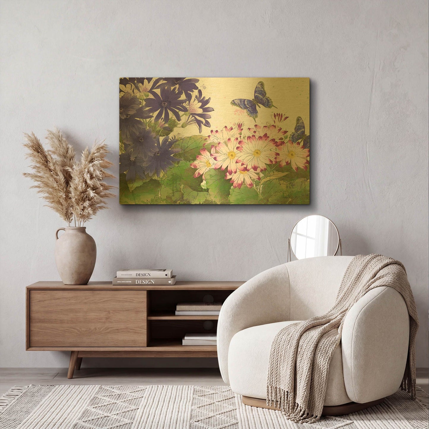 'Florals And Butterflies 3' By Jean Plout Gold Metal Wall Art