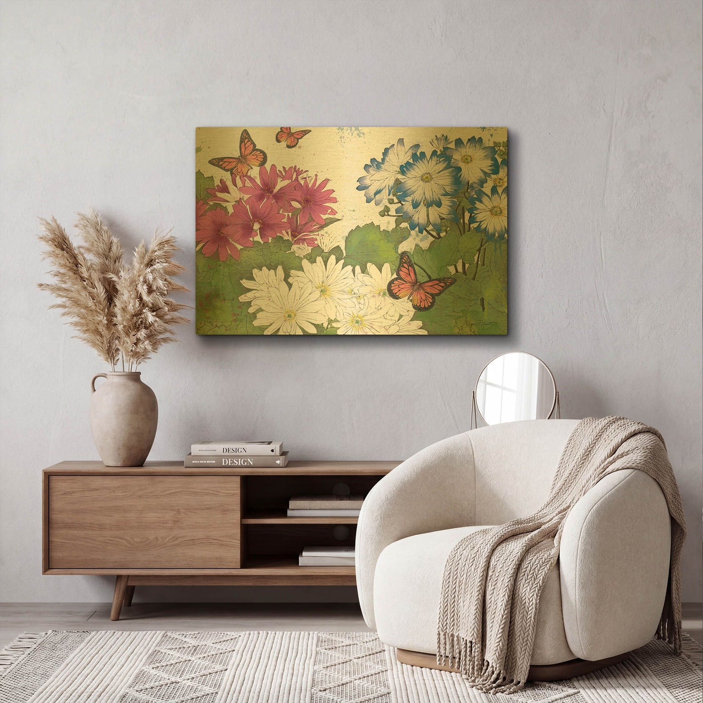 'Florals And Butterflies 2' By Jean Plout Gold Metal Wall Art