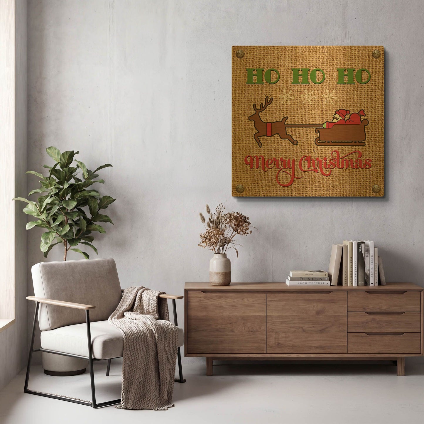 'Christmas On Burlap 4' By Jean Plout Gold Metal Wall Art