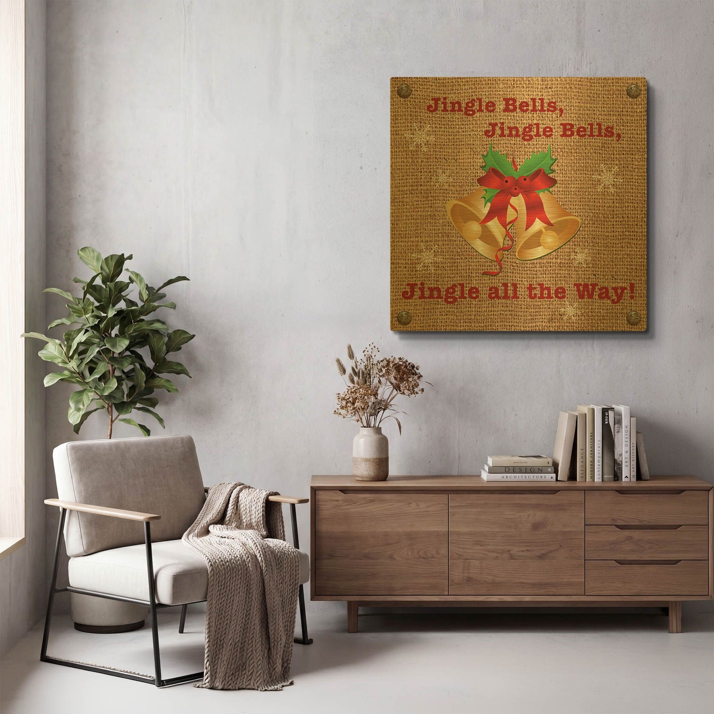 'Christmas On Burlap 3' By Jean Plout Gold Metal Wall Art