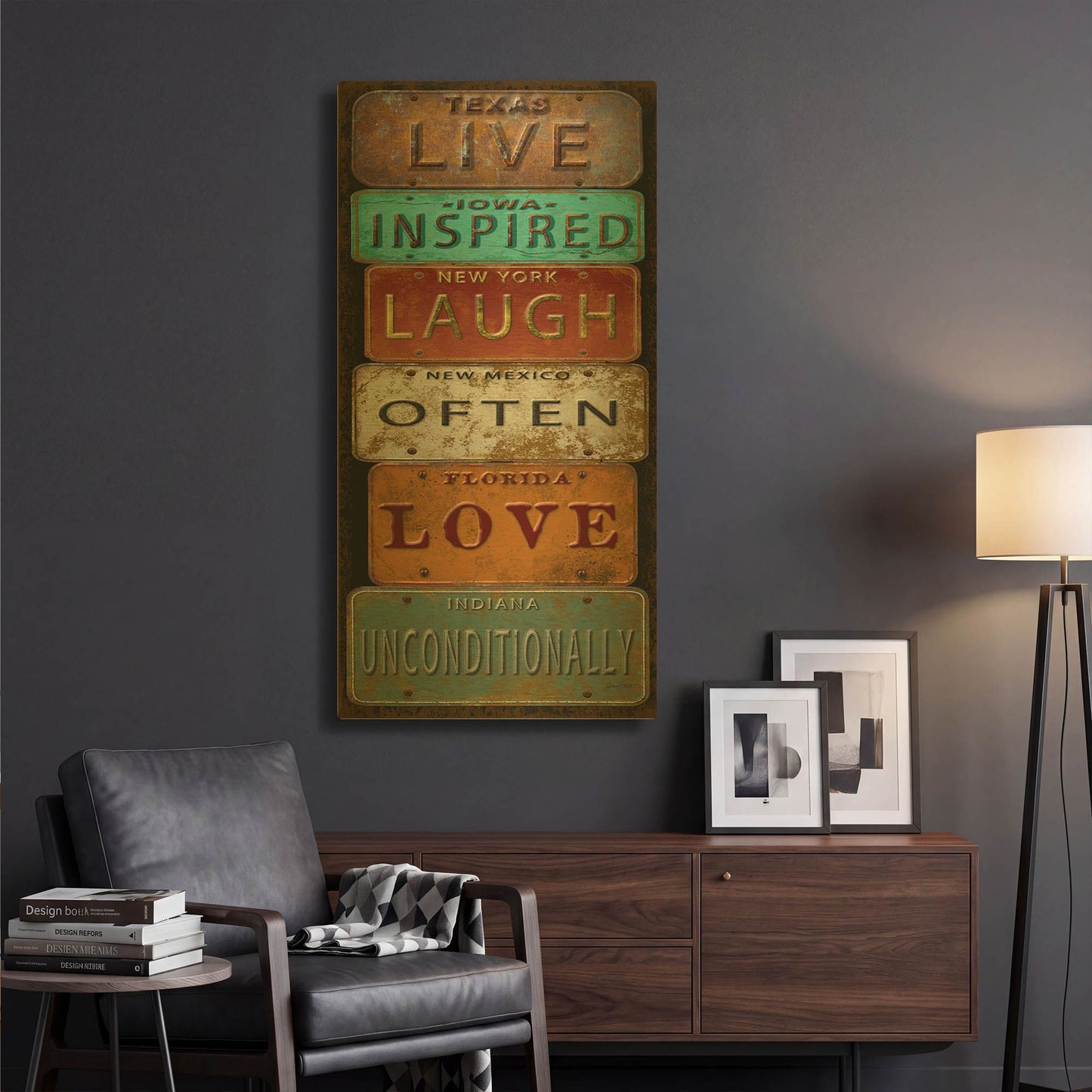 'Laugh Live Inspired License Plate' By Jean Plout Gold Metal Wall Art