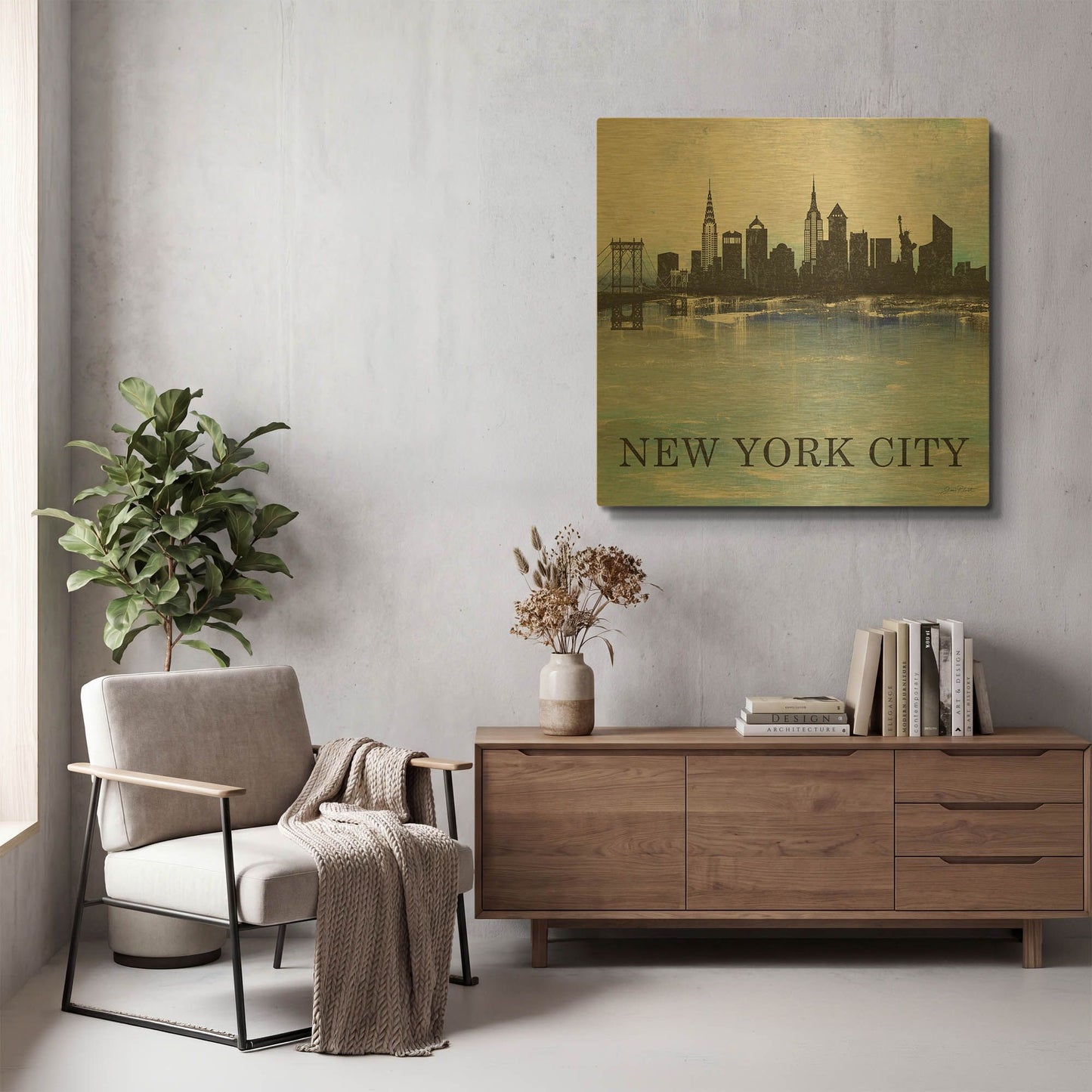 'Misty Blue Cities A B' By Jean Plout Gold Metal Wall Art