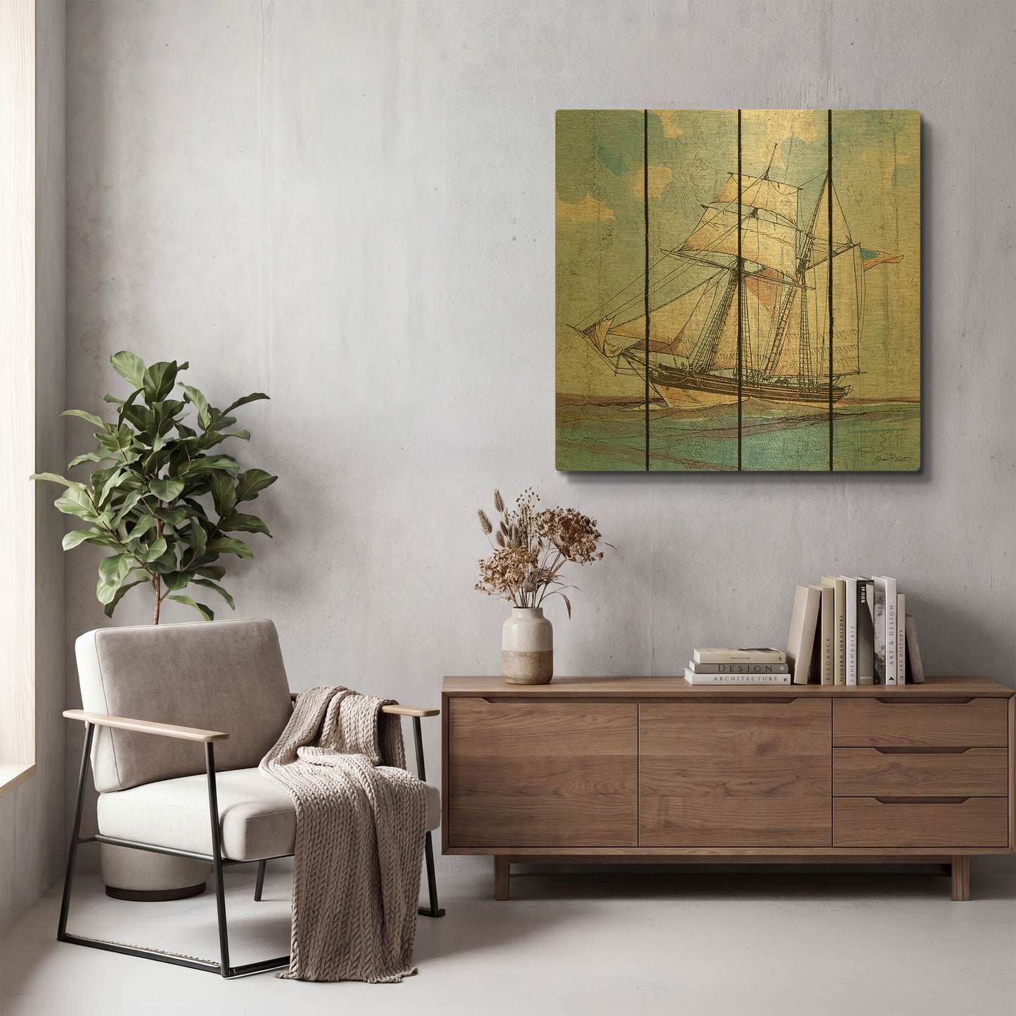 'Nautical Ships B' By Jean Plout Gold Metal Wall Art