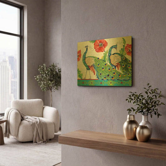 'Peacocks In The Garden Cropped' By Jean Plout Gold Metal Wall Art
