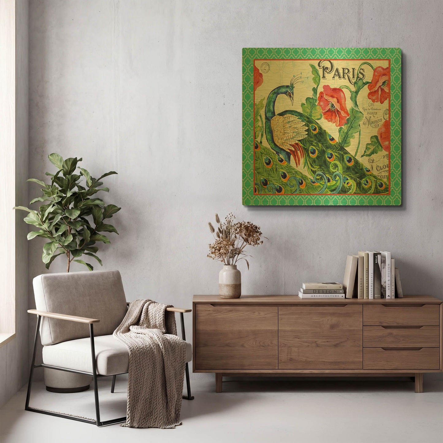 'Peacocks In The Garden-4' By Jean Plout Gold Metal Wall Art