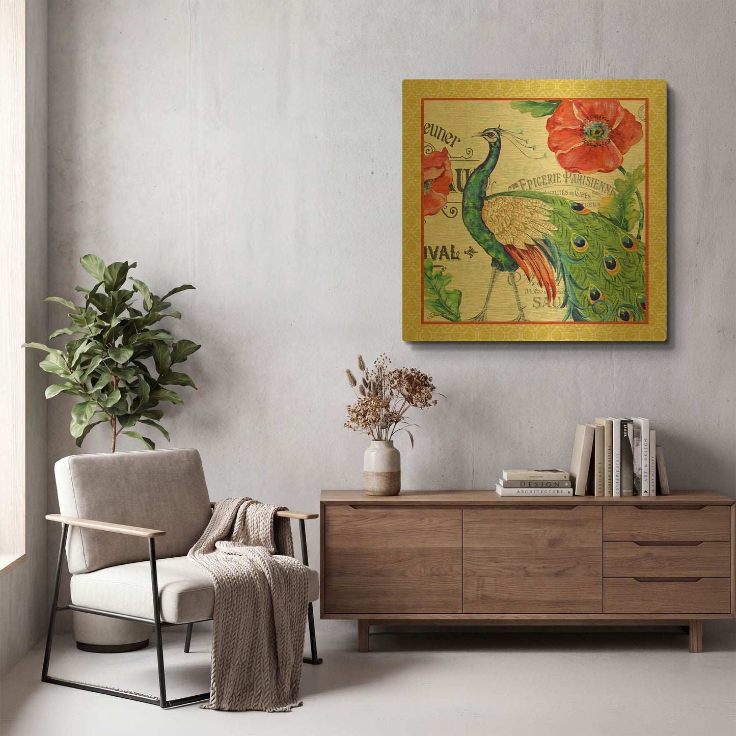 'Peacocks In The Garden Yellow' By Jean Plout Gold Metal Wall Art