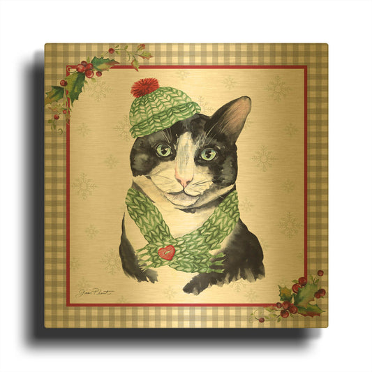 'Plaid Christmas with Cat A' By Jean Plout Gold Metal Wall Art