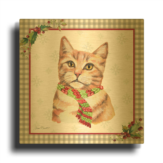 'Plaid Christmas with Cat D' By Jean Plout Gold Metal Wall Art