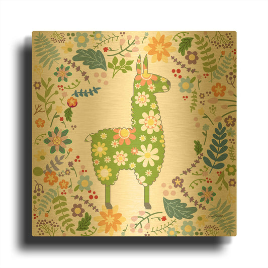 'Retro Llamas A' By Jean Plout Gold Metal Wall Art
