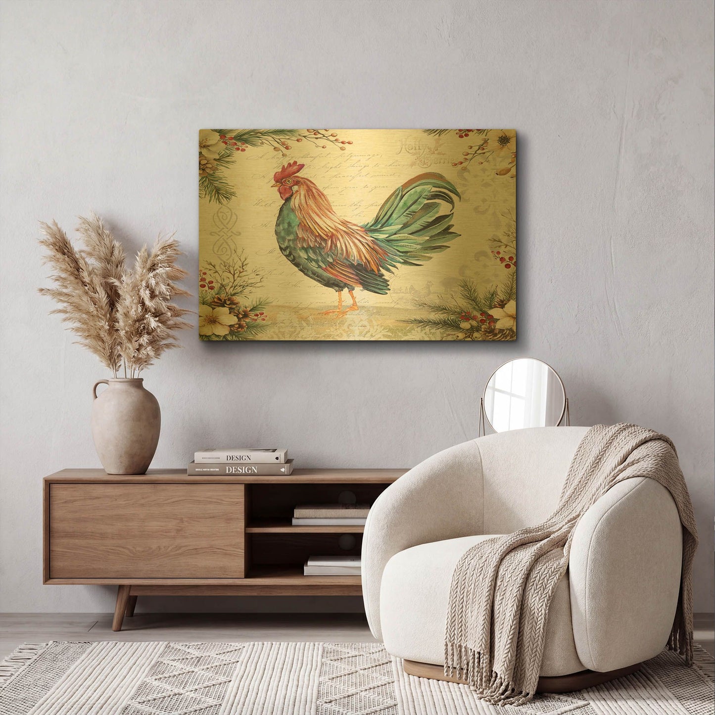 'Seasonal Rooster 13' By Jean Plout Gold Metal Wall Art