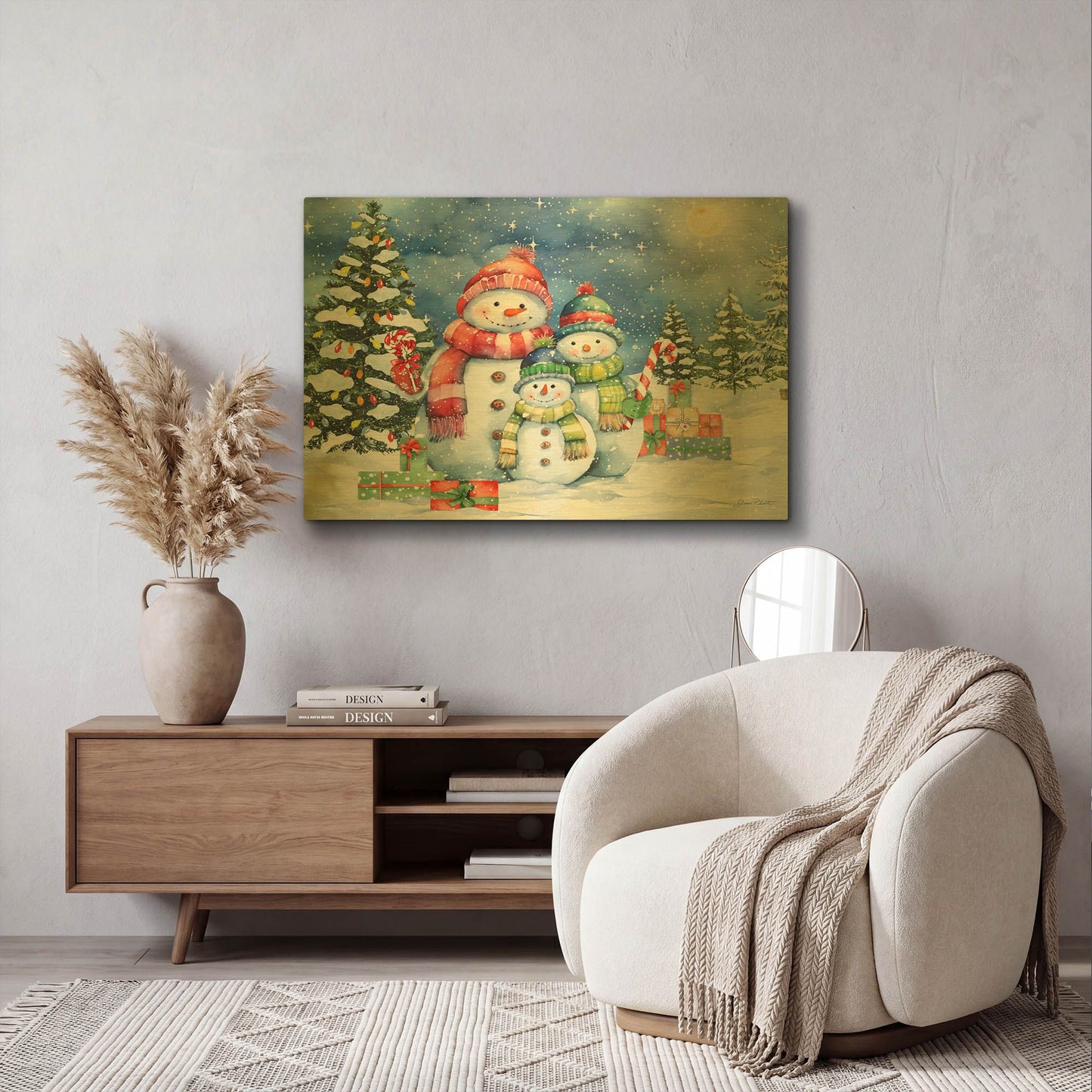 'Starry Night Christmas With Snowmen 5324' By Jean Plout Gold Metal Wall Art