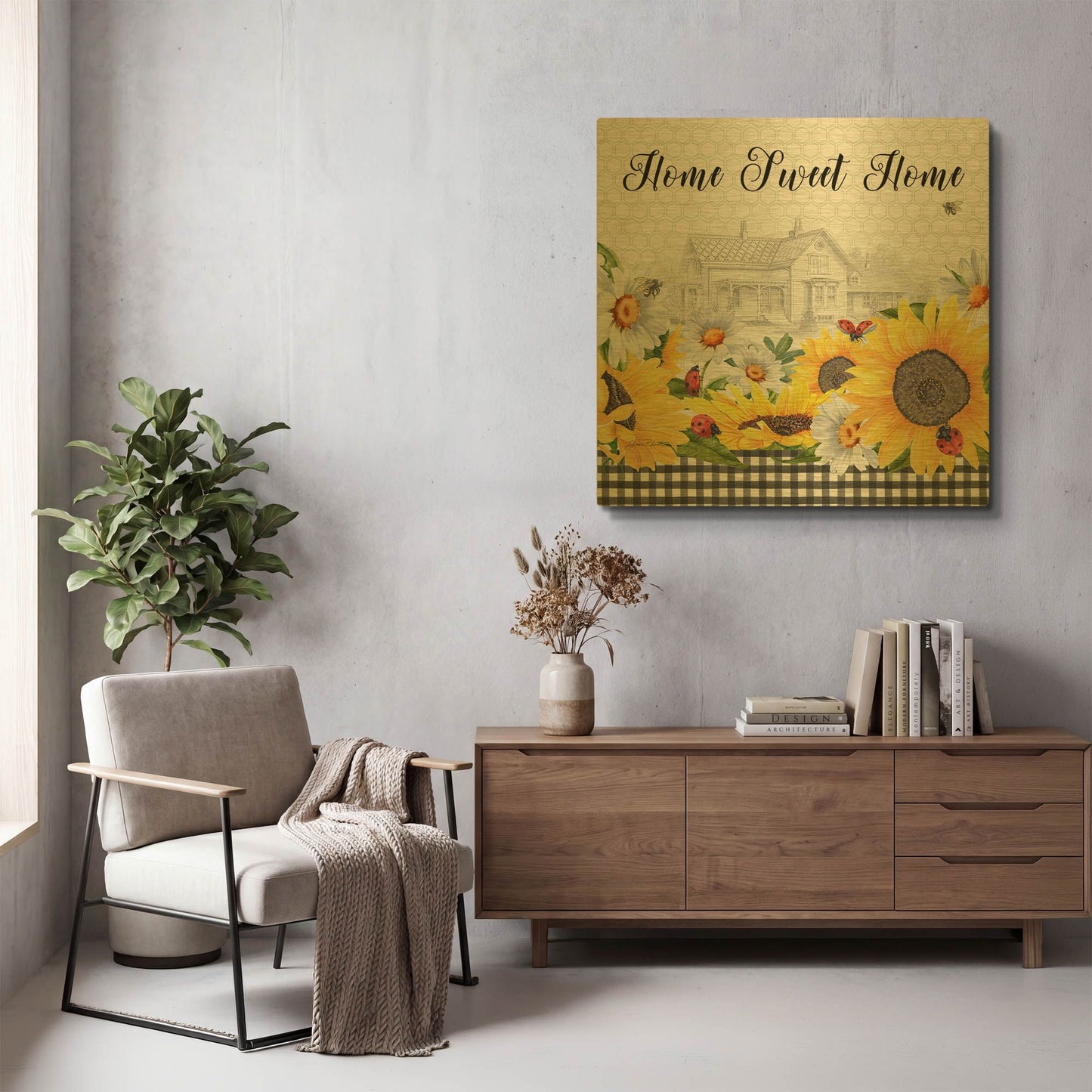 'Sunflowers And Lady Bugs 2' By Jean Plout Gold Metal Wall Art