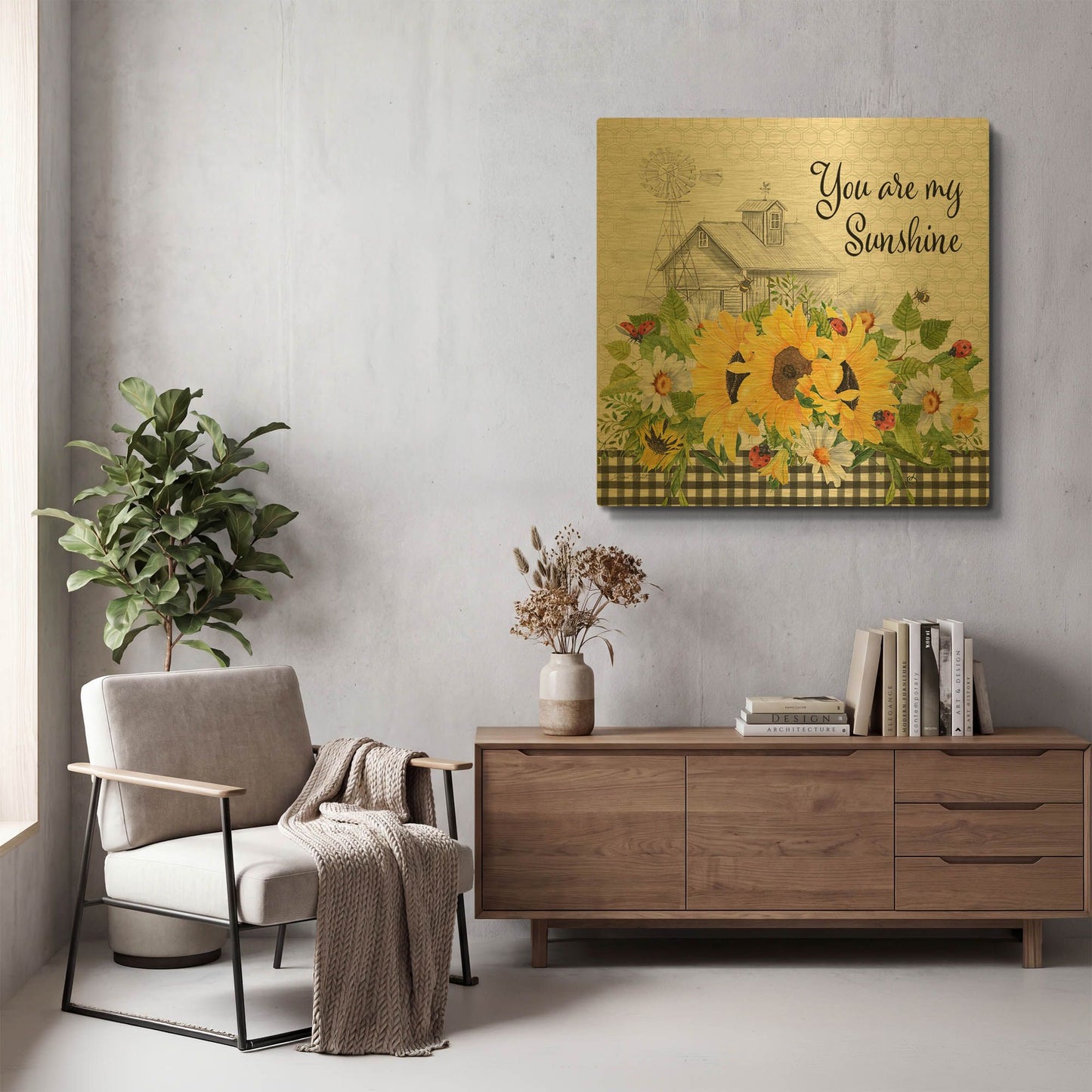 'Sunflowers And Lady Bugs 5' By Jean Plout Gold Metal Wall Art