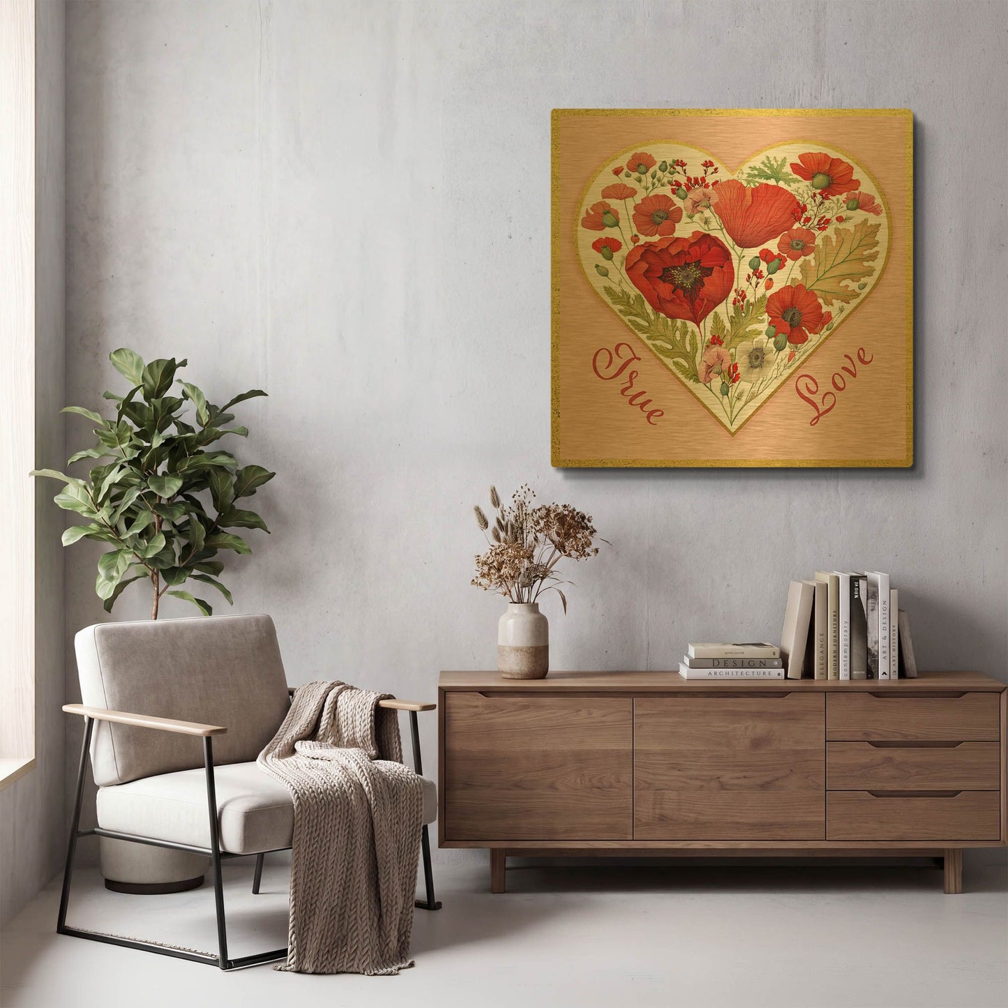 'Valentine Poppy Heart A' By Jean Plout Gold Metal Wall Art