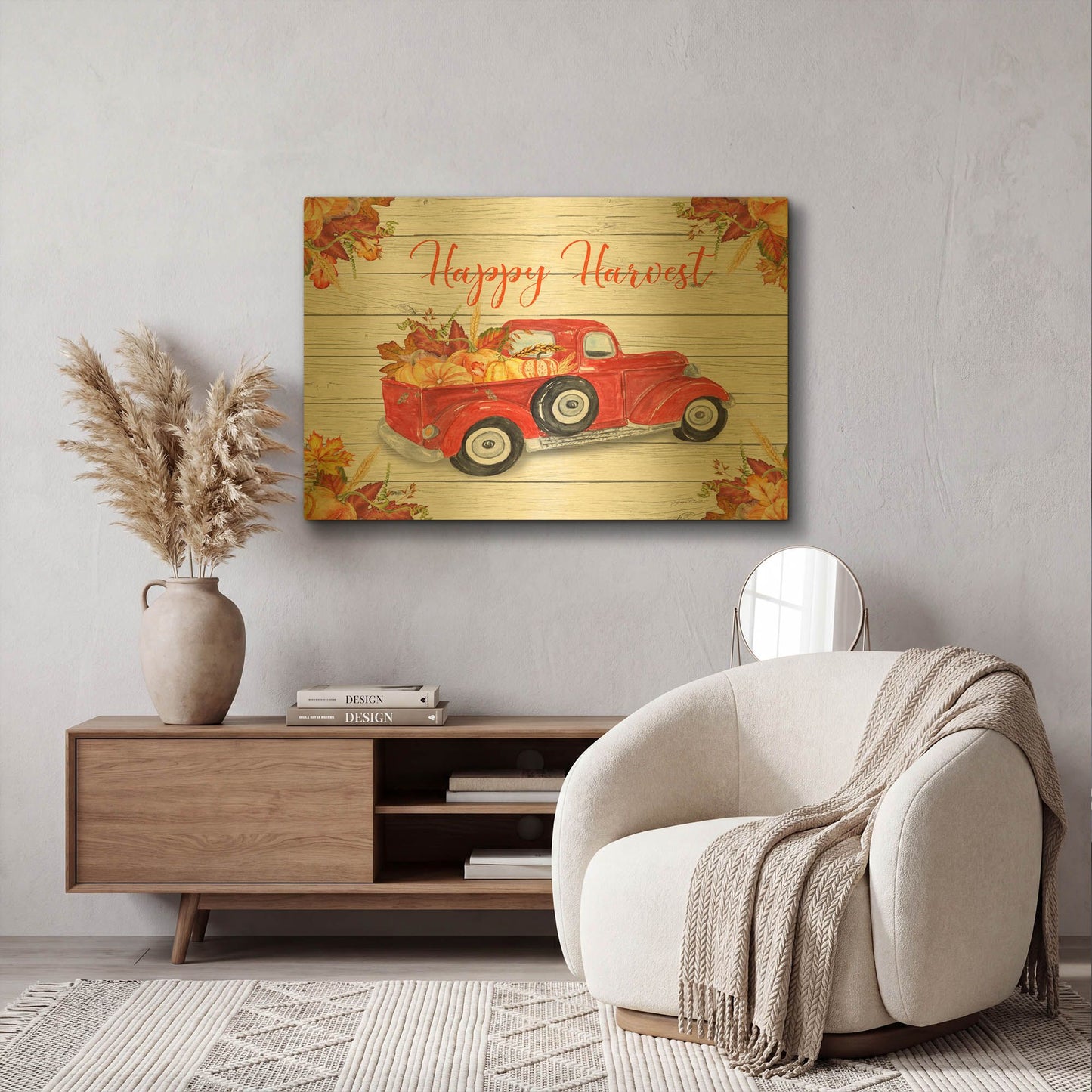 'Vintage Red Truck Fall Harvest' By Jean Plout Gold Metal Wall Art