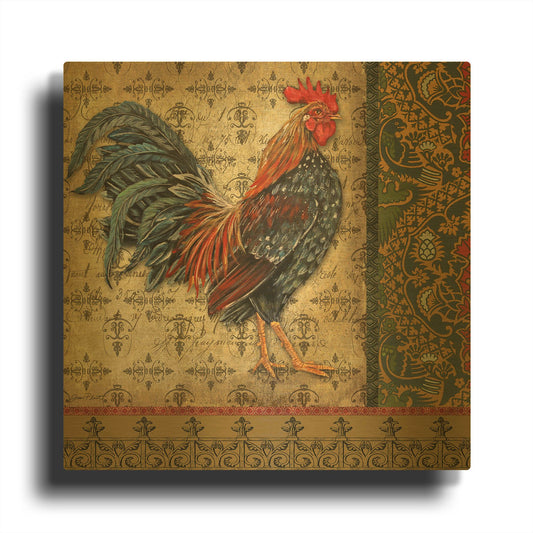 'Vintage Rooster B' By Jean Plout Gold Metal Wall Art