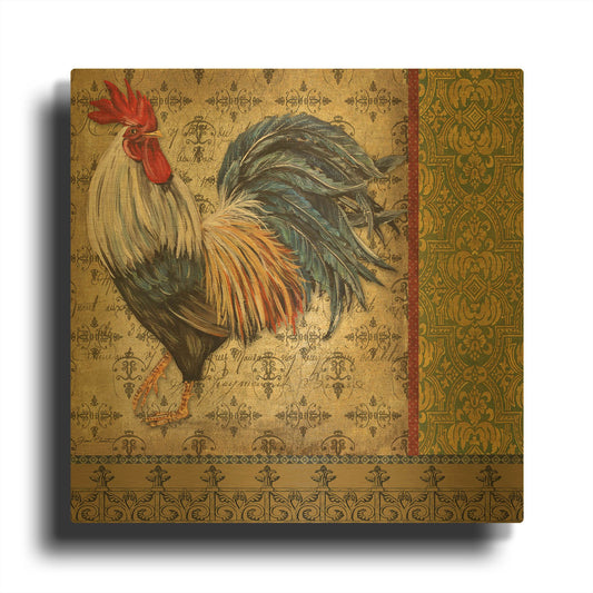 'Vintage Rooster C' By Jean Plout Gold Metal Wall Art