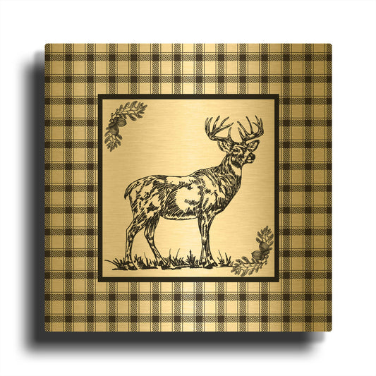 'Vintage Stag On Plaid' By Jean Plout Gold Metal Wall Art