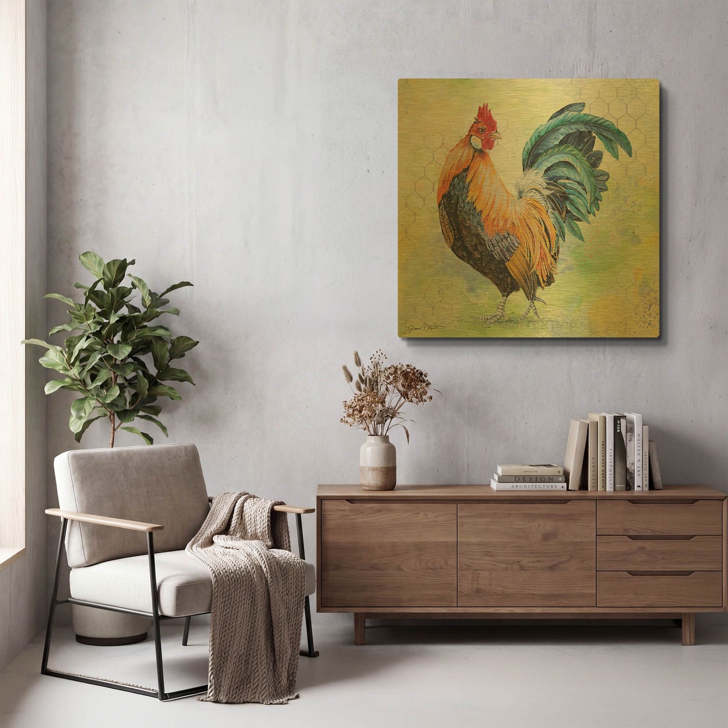 'Watercolor Rooster D' By Jean Plout Gold Metal Wall Art