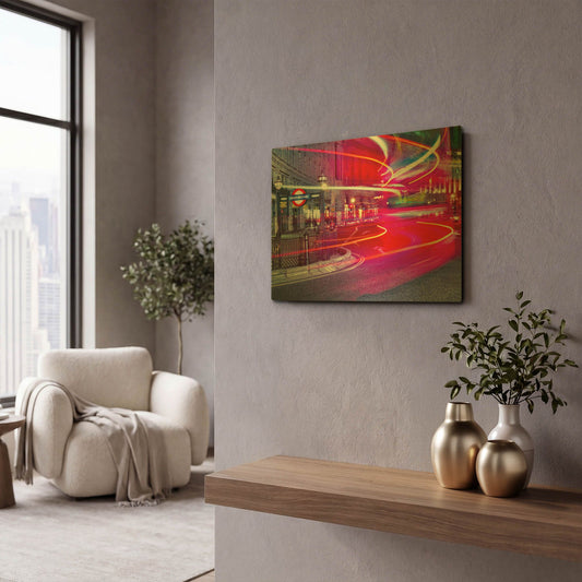 'Double Decker Bus Light Trail I' By Mark A Paulda Gold Metal Wall Art