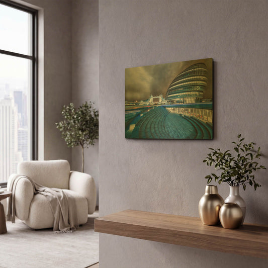 'The Scoop London City Hall And Tower Bridge' By Mark A Paulda Gold Metal Wall Art