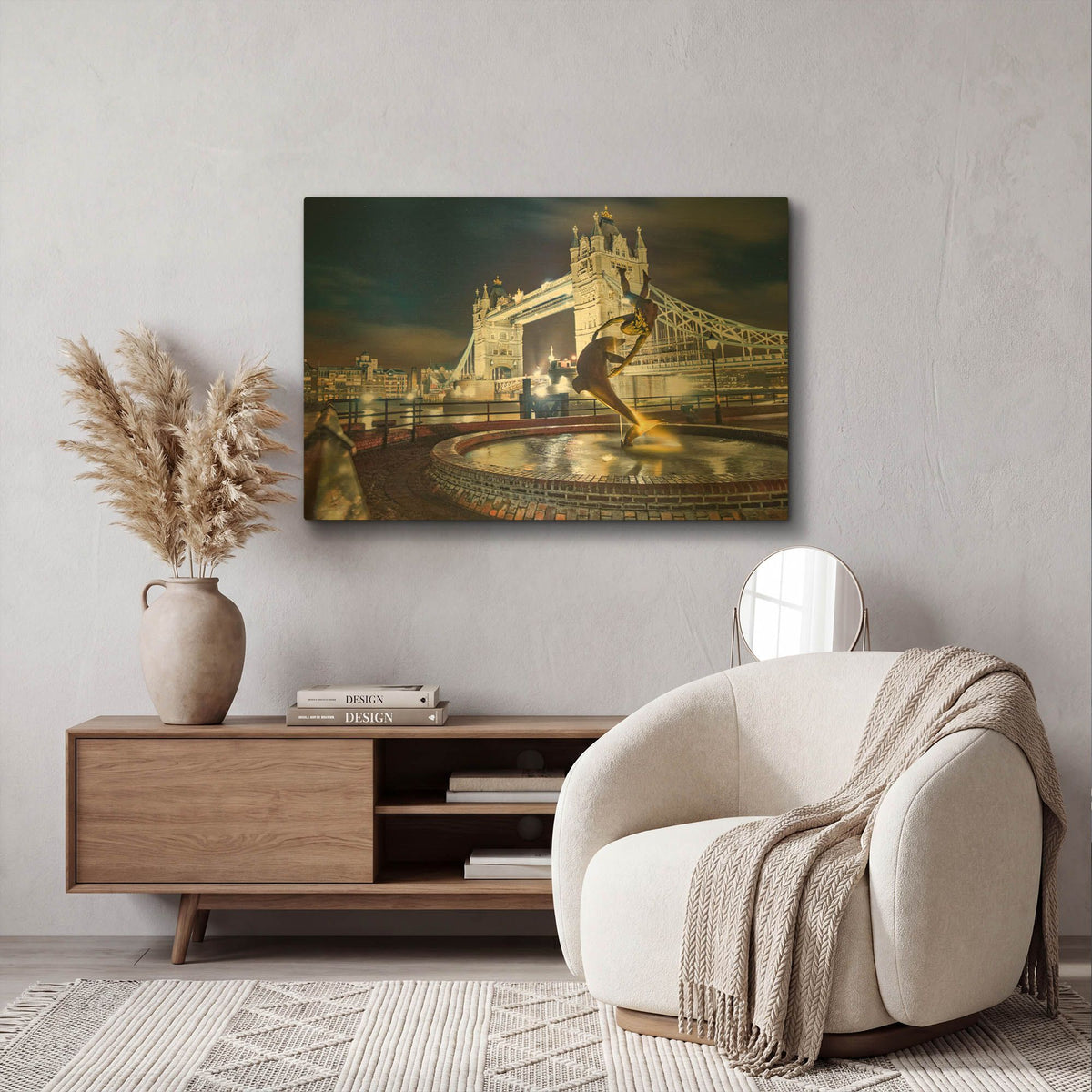 'Tower Bridge And Dolphin Sculpture' By Mark A Paulda Gold Metal Wall Art