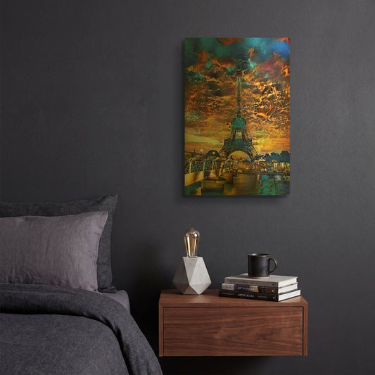 'France Paris Tower Eiffel Orange Clouds' By Pedro Gavidia Gold Metal Wall Art
