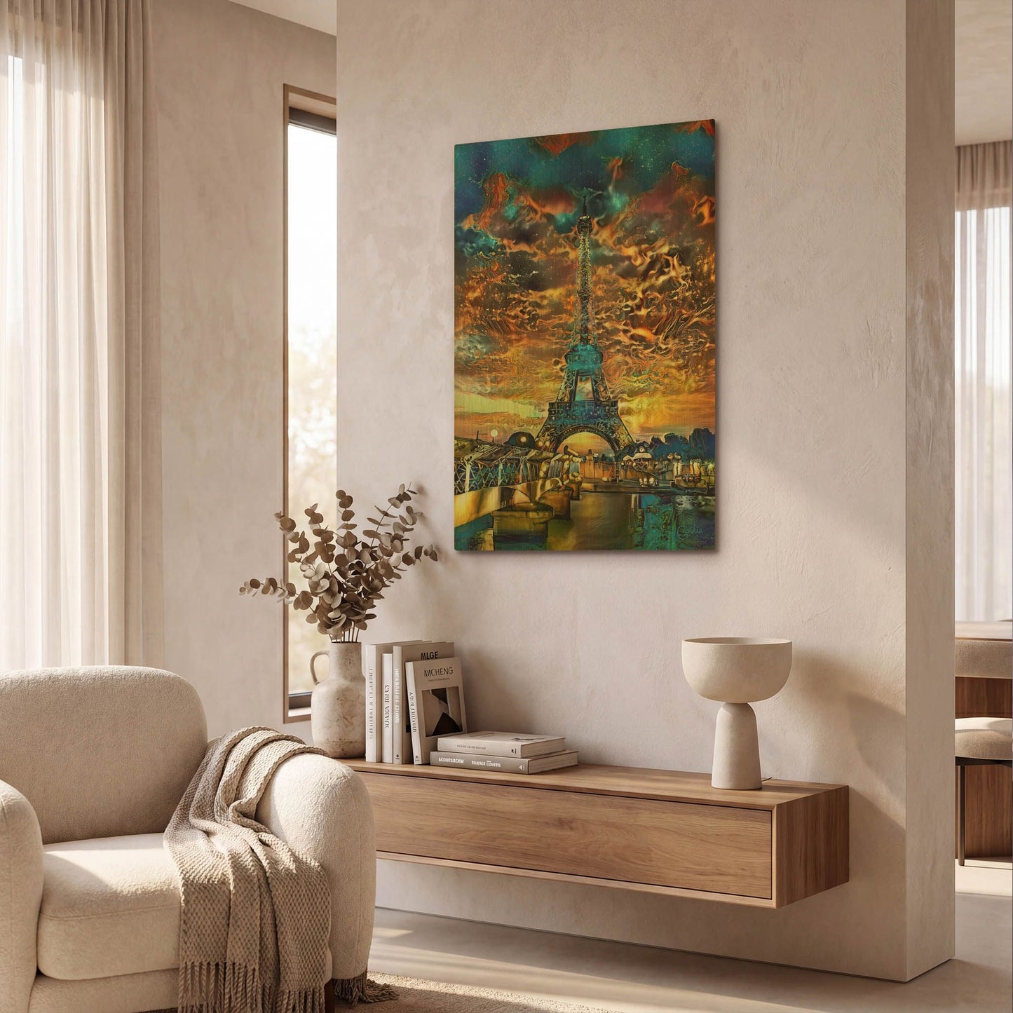 'France Paris Tower Eiffel Orange Clouds' By Pedro Gavidia Gold Metal Wall Art