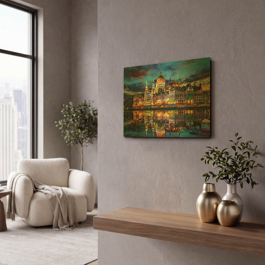 'Hungary Budapest Hungarian Parliament Building At Sunset' By Pedro Gavidia Gold Metal Wall Art