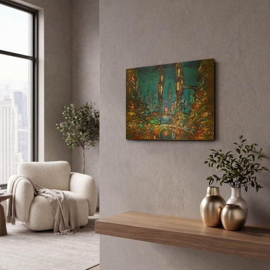 'Nighttime Metropolis Nocturna' By Pedro Gavidia Gold Metal Wall Art
