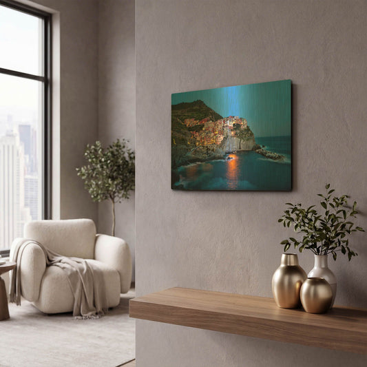'Dusk Harbor Manarola' By Larry Malvin Gold Metal Wall Art