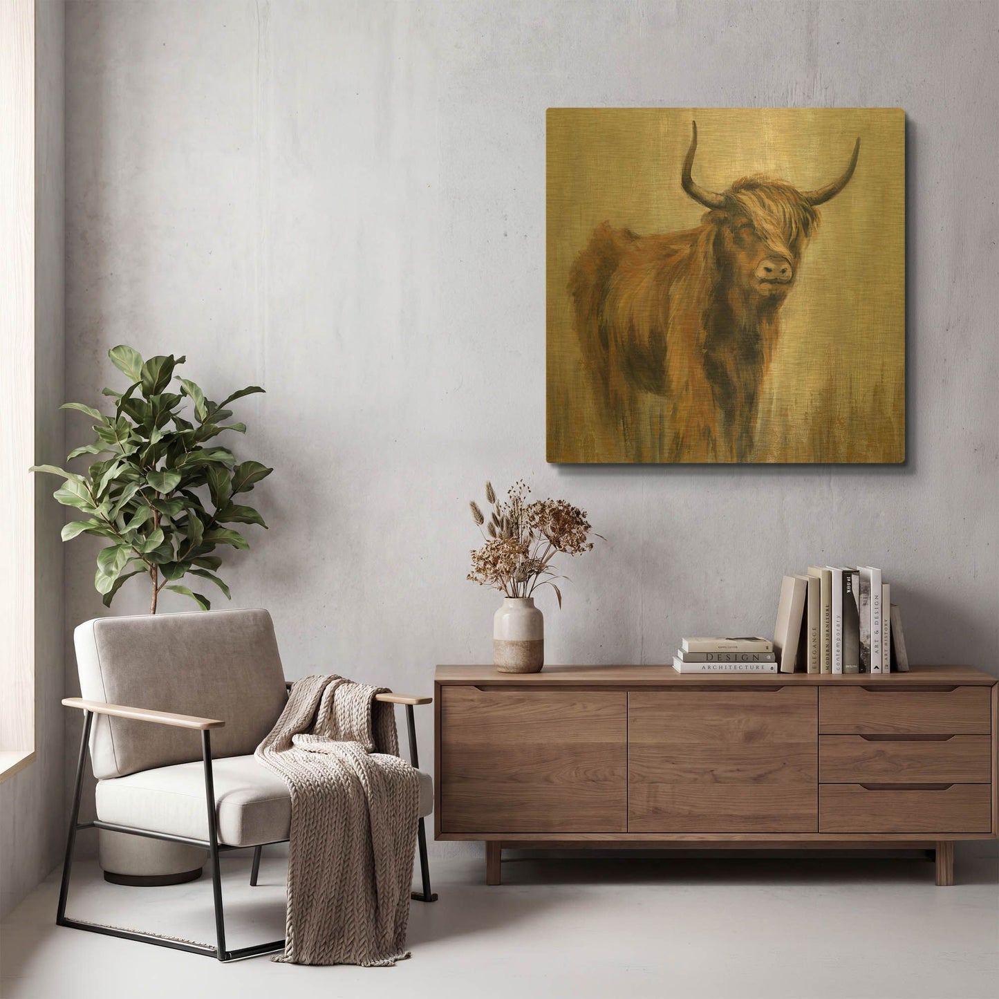 'Highland Mountain Cow' By Silvia Vassileva Gold Metal Wall Art