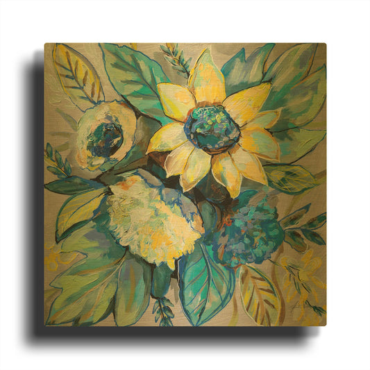 'Sage and Sunflowers I' By Jeanette Vertentes Gold Metal Wall Art