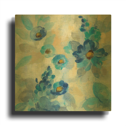 'Blue Flowers Whisper III' By Silvia Vassileva Gold Metal Wall Art