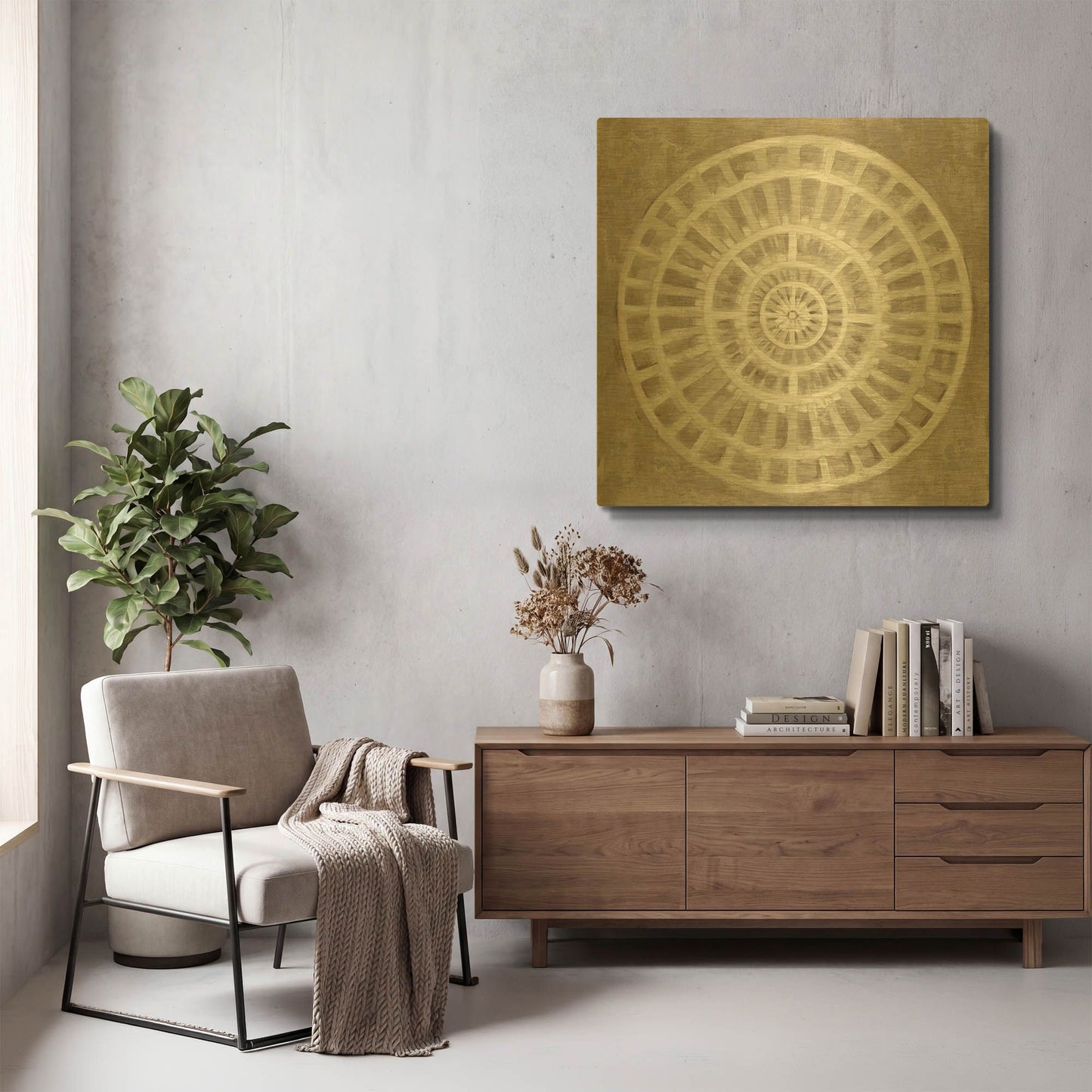 'Neutral Textured Medallion Light' By Silvia Vassileva Gold Metal Wall Art