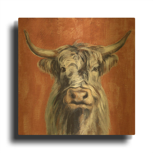 'Highland Cow on Terracotta' By Silvia Vassileva Gold Metal Wall Art