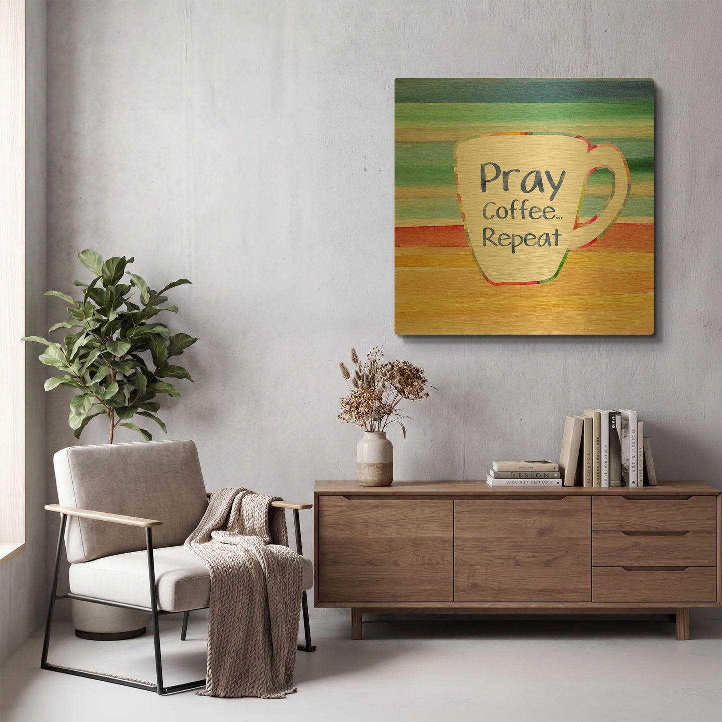 'LW3267-PRAY, COFFEE, REPEAT' By Linda Woods Gold Metal Wall Art