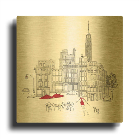 'World Cafe III NYC Red' By Avery Tillmon Gold Metal Wall Art