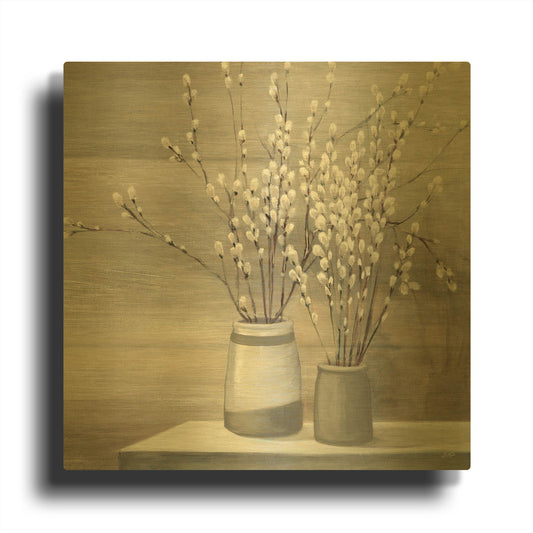 'Pussy Willow Still Life Gray Pots' By Julia Purinton Gold Metal Wall Art