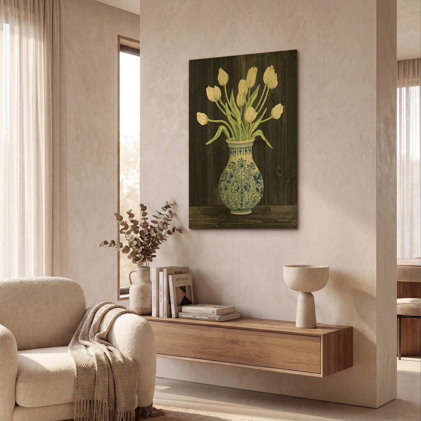 'Blue and White Tulips Black II' By Cindy Jacobs Gold Metal Wall Art