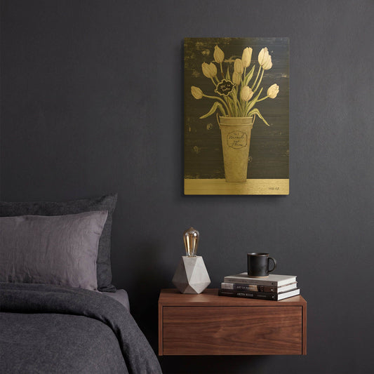 'Tulips on Navy I' By Cindy Jacobs Gold Metal Wall Art