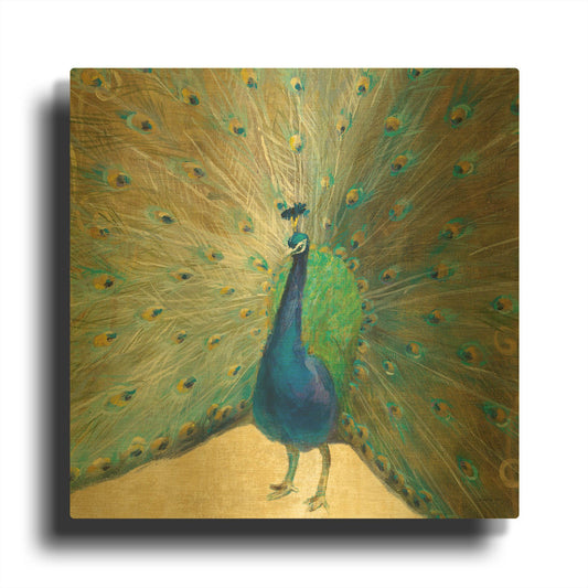 'Blue Peacock' By Danhui Nai Gold Metal Wall Art