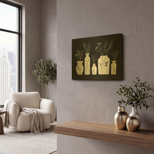 'White Line Floral Vases' By Rachel Nieman Gold Metal Wall Art
